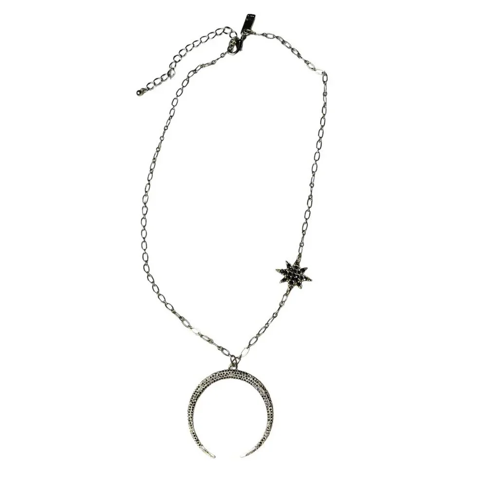 Star & Moon Pendant Necklace With Rhinestones Gold-Toned 18